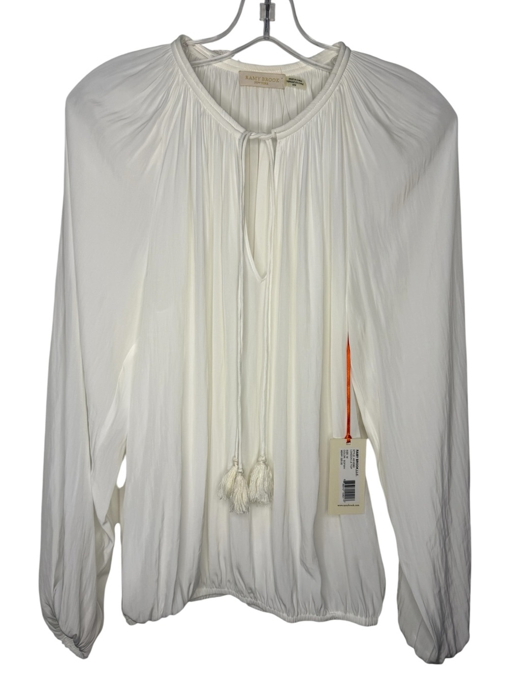 Ramy Brook NWT White Ivory London Long Sleeve Tassel Peasant Blouse Size Medium